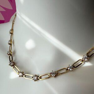 Absolute Sterling Gold Over Cubic Zirconia Oval-Link Station Paperclip Necklace